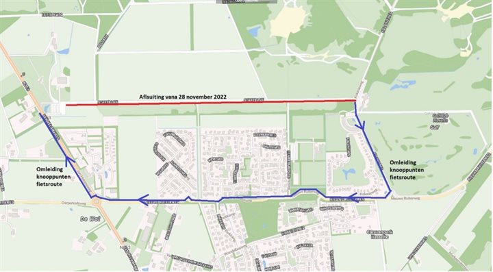 Een kaart van Havelte laat de omleiding van de fietsroute zien.