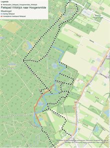 op de kaart is aangegeven welk deel van het fietspad verwijderd wordt en waar het nieuwe pad komt te liggen en de paden waarover werkverkeer zal rijden